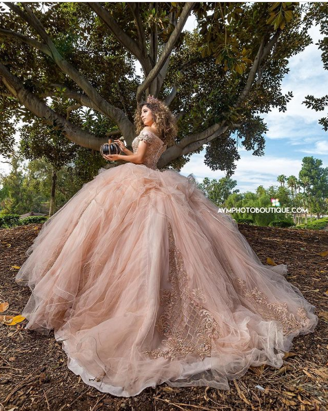 Quinceanera: A woman in a ball gown sitting under a tree.