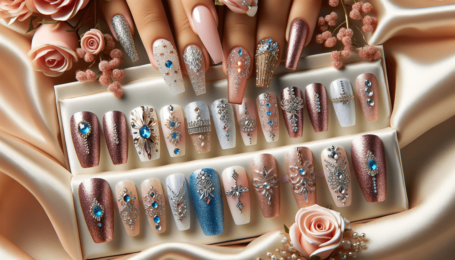 A close up of a person's beautifully manicured nails with various designs, perfect for a Quinceanera