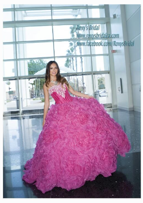 Quinceanera Gown, a woman in a pink dress posing for a picture