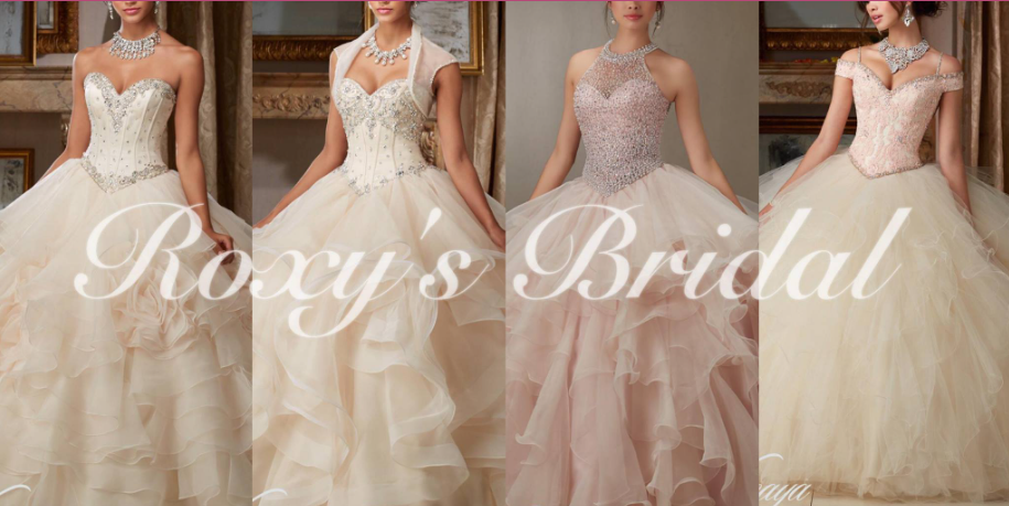 A group of bridesmaid dresses in different colors, alongside a Quinceanera gown