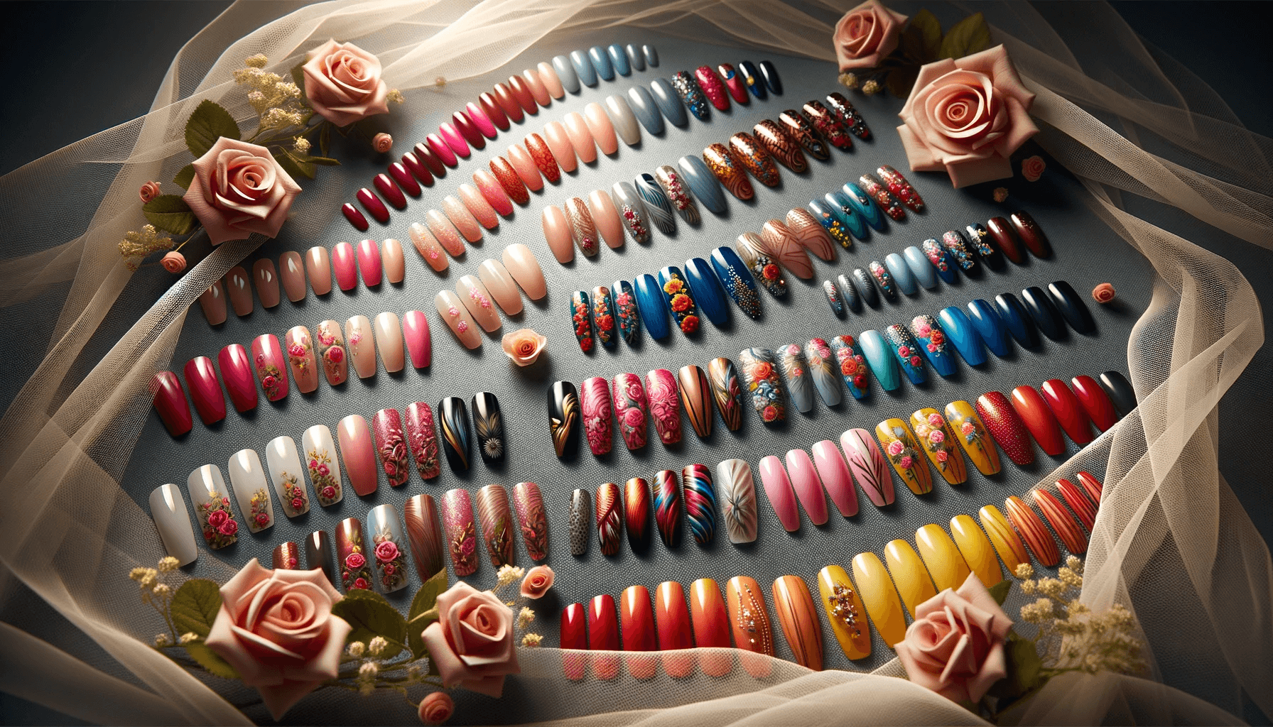 A Quinceanera-themed image of a table topped with lots of different colored nails