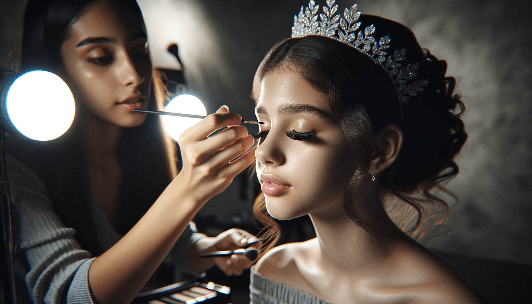 A beautiful woman getting her make up done for a Quinceanera