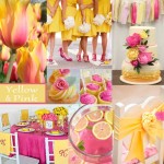 A collage of photos showcasing a yellow and pink Quinceanera party with a floral design theme.
