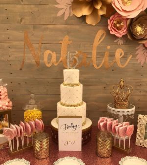 A Quinceanera dessert table featuring a pink and gold cake
