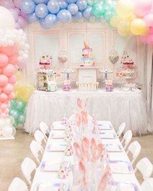 Quinceanera celebration with an ice cream function hall and a table decorated with a bunch of balloons on top of it