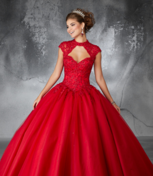 A woman in a red ball gown posing for a Quinceanera picture.
