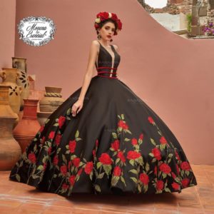 A woman wearing a handmade black and red quinceanera dress