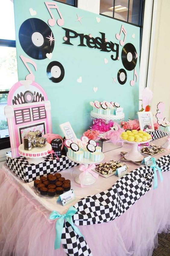 A Quinceanera table with lots of desserts and pastries