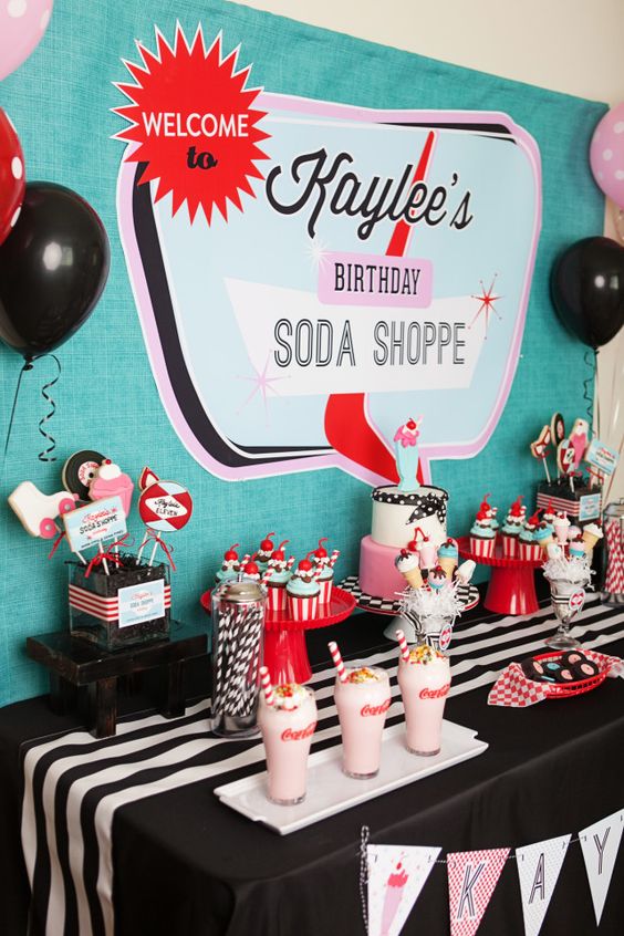 A Quinceanera celebration with a 50's themed party retro 1950s, featuring a soda shoppe theme.