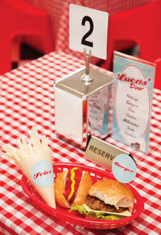 Quinceanera themed image of a 1950s diner food table with a red and white checkered table cloth.