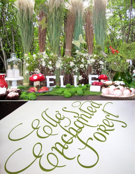 A Quinceanera celebration in a magical enchanted forest. The table is adorned with a variety of delicious food.