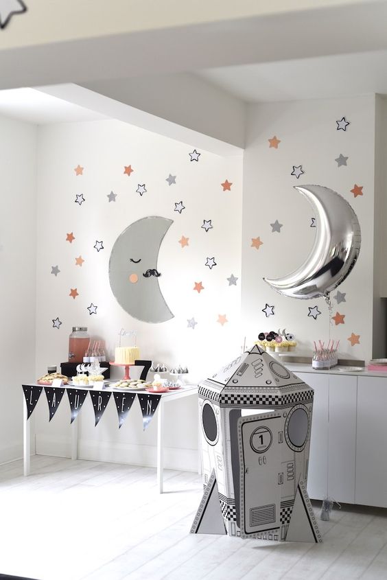 A Quinceanera party with simple sleepover decoration in a child's room featuring a moon and stars on the wall