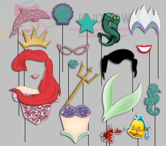 Ariel, the Little Mermaid, surrounded by flowers and a bunch of Little Mermaid stickers on a gray background, perfect for a Quinceanera celebration.