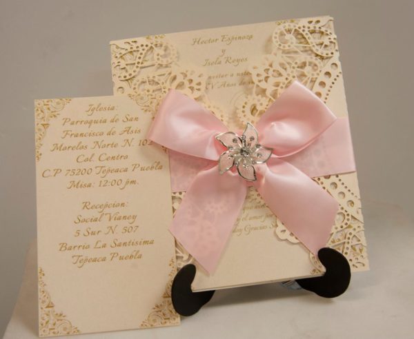 Quinceanera favors Wedding Invitation, a card with a pink ribbon and a bow