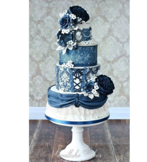 Quinceanera cake, a blue and white cake decorated with flowers on top