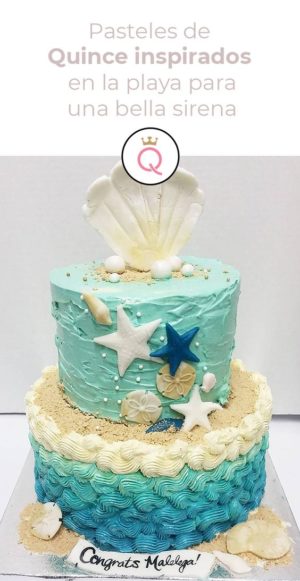 Quinceanera cake with a beach theme, featuring a shell and starfish on top of it