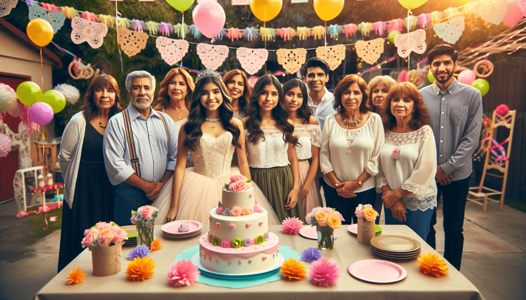 Quinceanera cake decorating: a group of people standing around a table with a Quinceanera cake