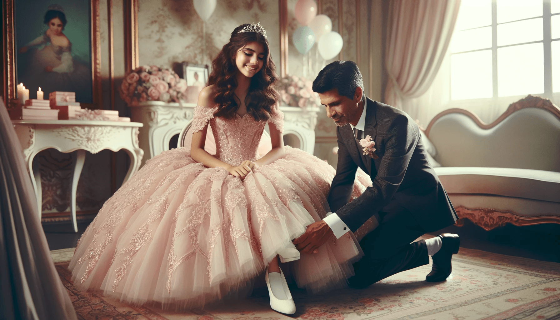 A Quinceanera celebrant wearing a ball gown with a man in a tuxedo