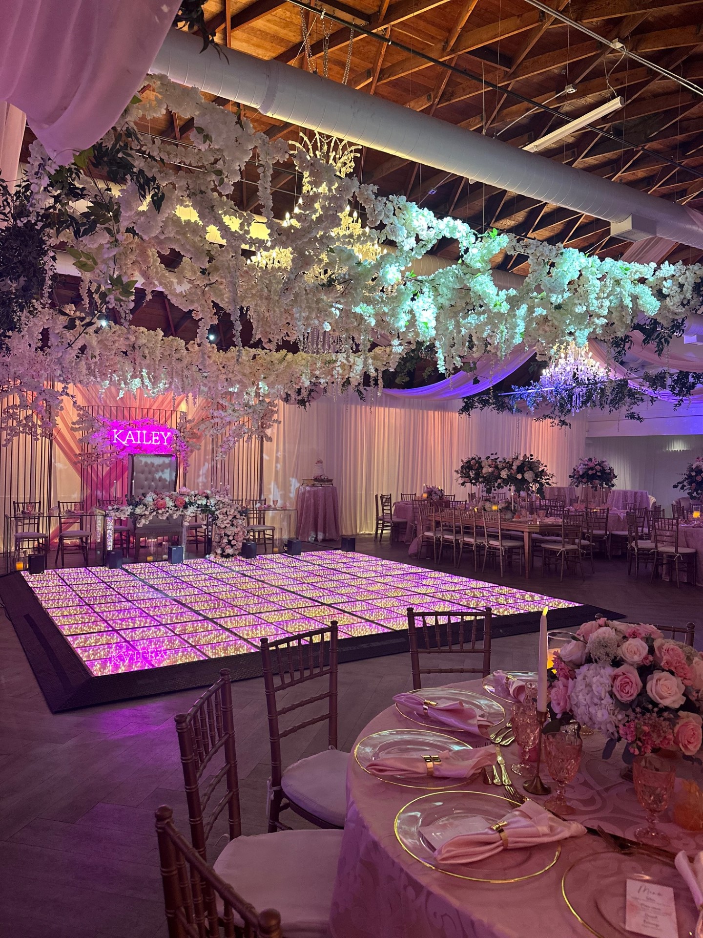 A Quinceanera reception in a function hall with a floral design and a dance floor