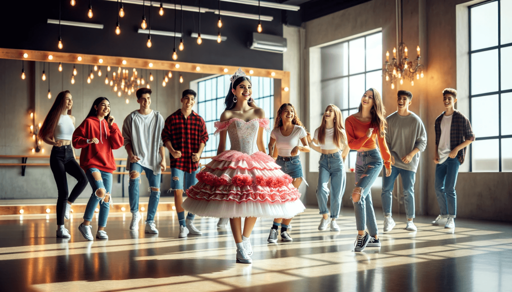 A group of people in a Quinceanera dance studio practicing choreography.