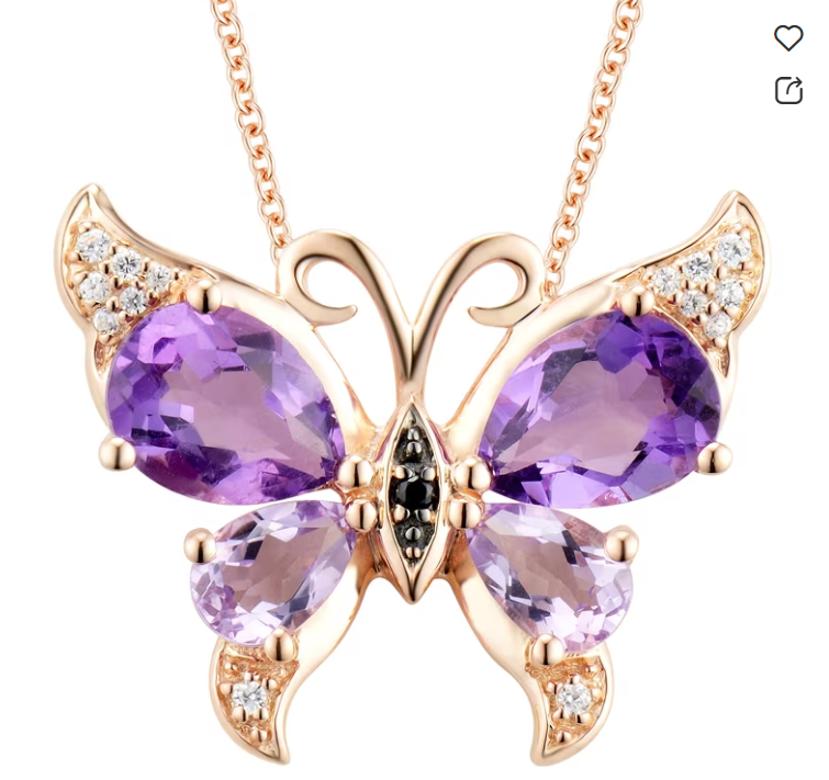 A Quinceanera amethyst necklace with a purple butterfly pendant adorned with diamonds on a chain.