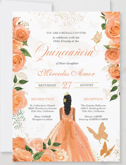 An orange Quinceanera invitation with roses and butterflies