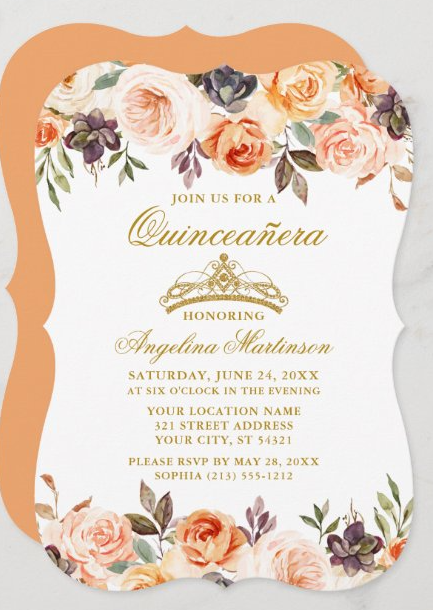 A Quinceanera invitation featuring a floral design with orange and white flowers and petals