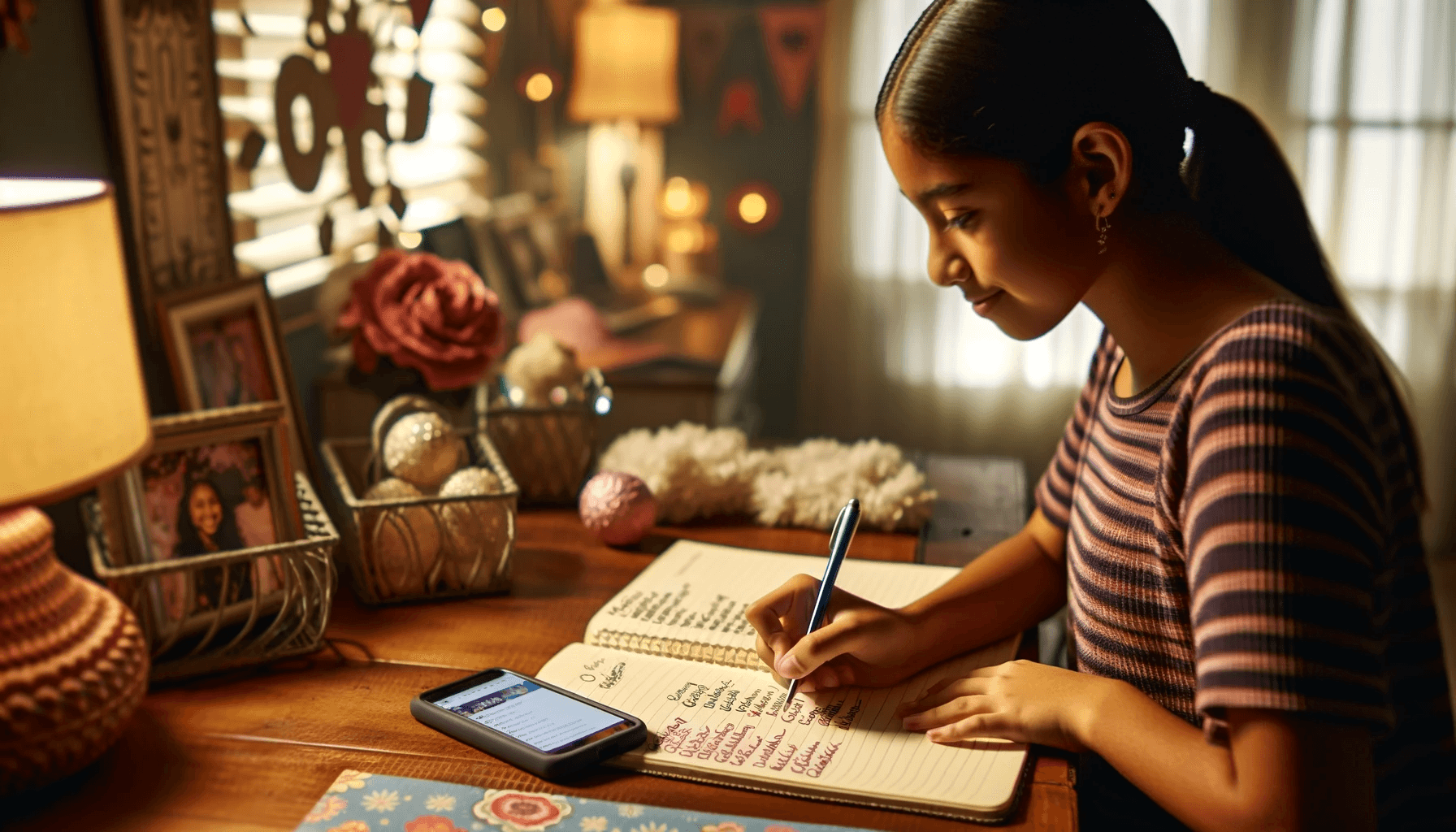 A Quinceanera girl guide, writing in a notebook and holding a cell phone.