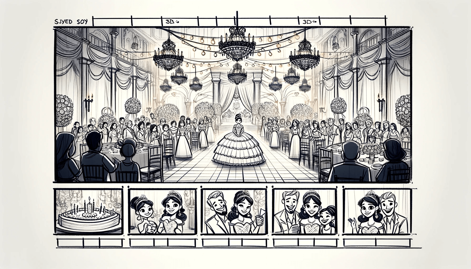 A drawing of a Quinceanera scene with a girl celebrating her coming-of-age event