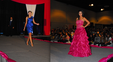 Quinceanera fashion show: A woman in a pink dress walking down a runway