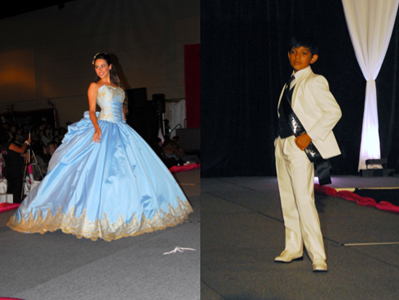 Quinceanera gown with a couple of people standing on a stage
