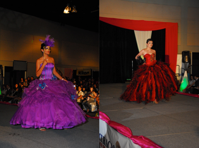 Two women in Quinceanera fashion, one wearing a purple dress and the other wearing a red dress, dancing