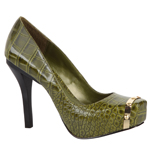 A woman's green high heeled shoe with a gold buckle, from Payless.