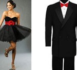 A woman in a quinceanera dress and a man in a tuxedo