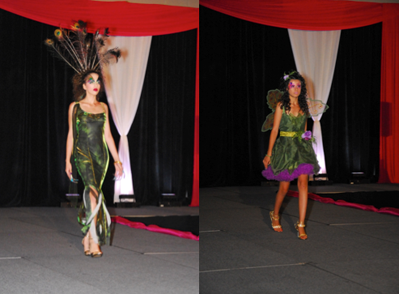 Two Quinceanera dresses on a catwalk: a woman in a green dress and a woman in a purple dress