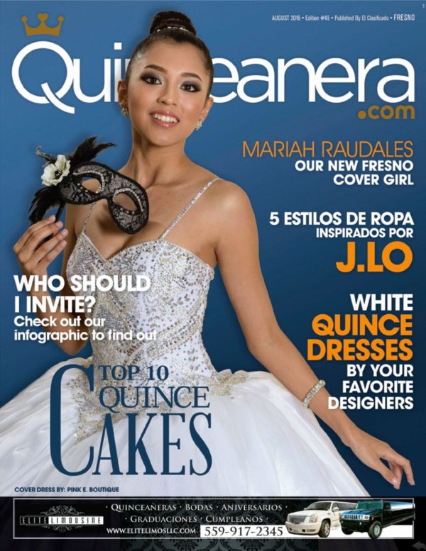 Quinceanera.com Magazine August 2016 - Mariah Raudales in a white quinceanera dress and masquerade mask