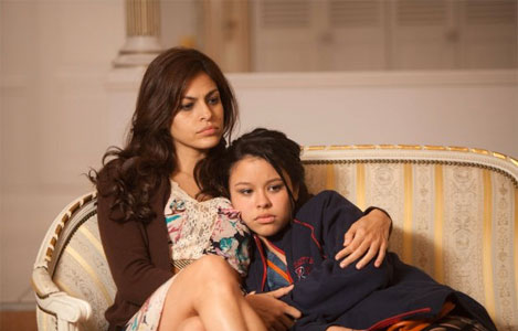 Cierra Ramirez and Eva Mendes, two women sitting on top of a couch at a Quinceanera event