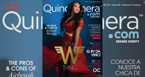 A woman in a red dress on a Quinceanera magazine cover for a competition in Public Relations