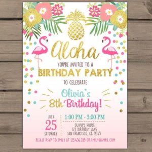 A pink and gold Quinceanera party invitation with a tropical theme featuring flamingos.