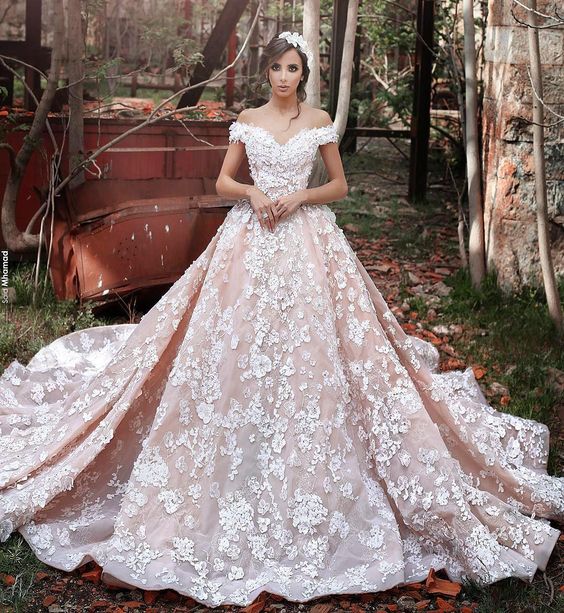 A woman in a Quinceanera dress standing in the woods, wearing a princess-style wedding dress