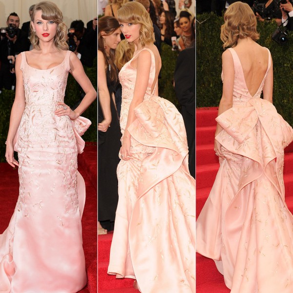 Taylor Swiftl en un vestido de Oscar De La Renta. (vía: popsugar.com)