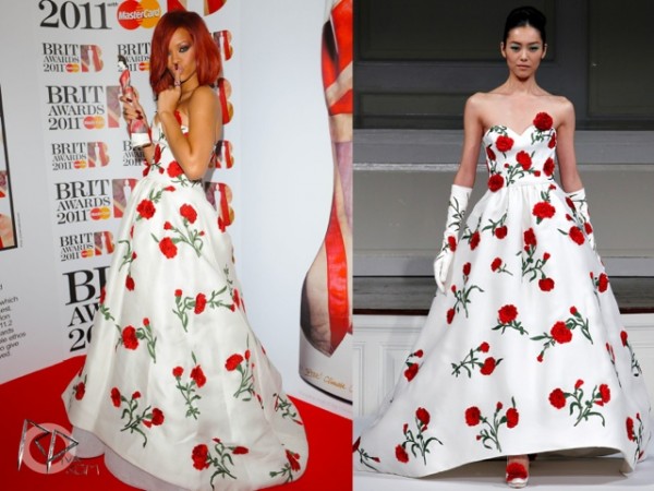 Rihanna in Oscar De La Renta gown. (via: Rihannaoverdose.com)