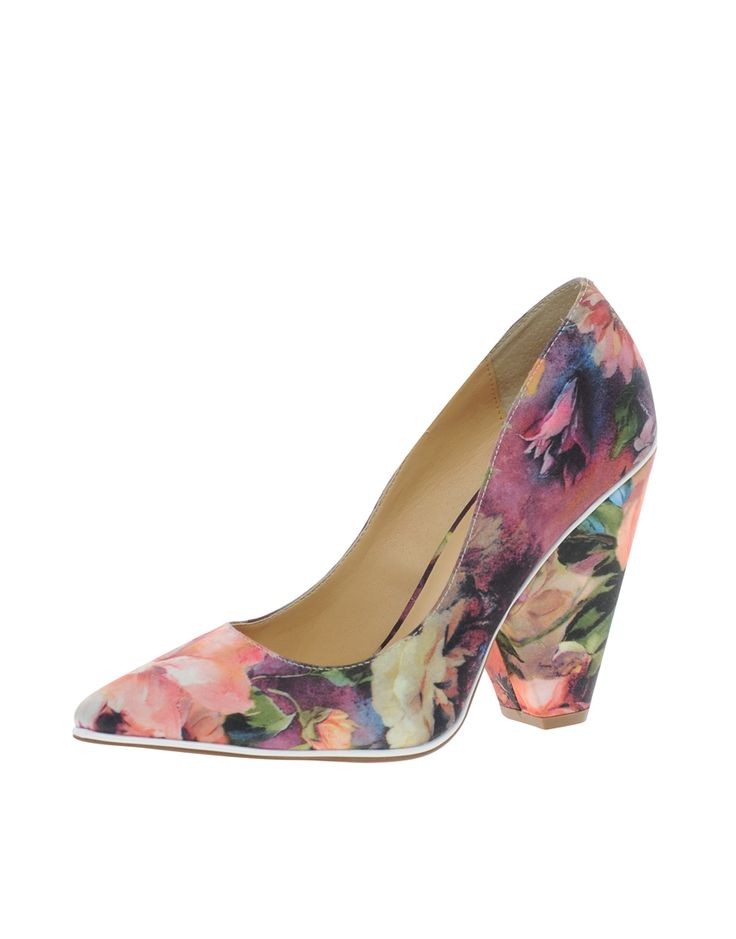 A beautiful Quinceanera themed outdoor shoe. It features a women's floral print with a high heel.