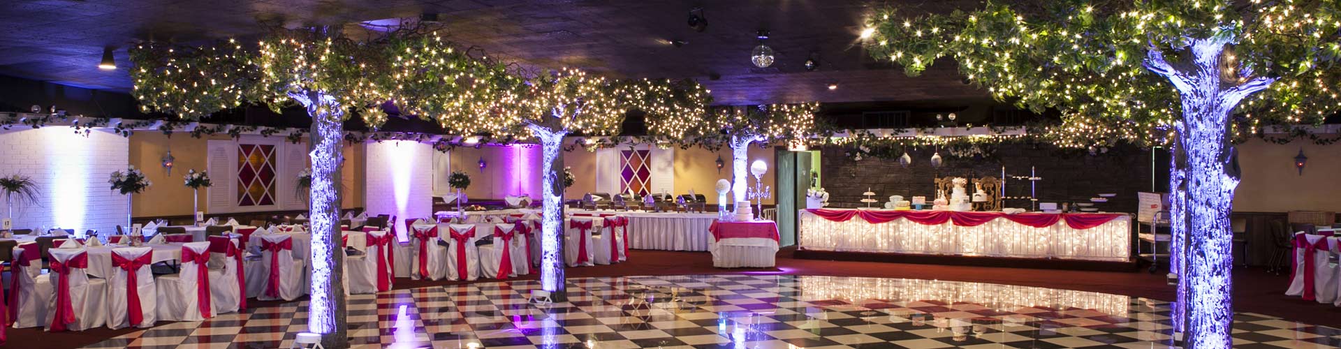 A Quinceanera function hall party with tables covered in red and white cloth