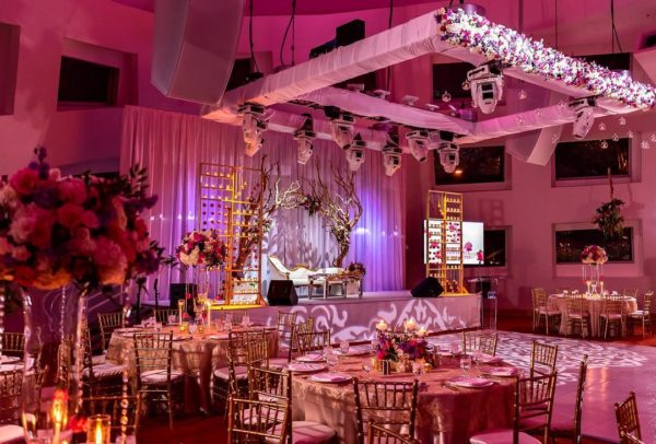 Quinceañera reception at a function hall, with tables and decorations