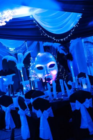 Masquerade ball themed Quinceanera with a black and white reception and a mask on the wall