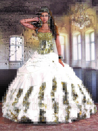 A woman wearing a Quinceanera ball gown in white and gold