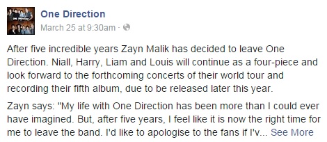 One Direction Zayn FB Post