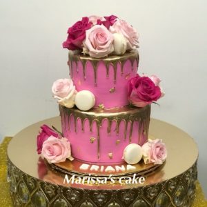 Quinceanera cake, a three tiered cake with pink roses on top, cake decorating