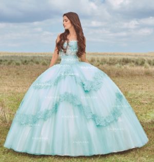 A woman wearing a blue Quinceañera dress standing in a field